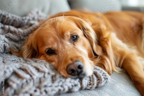 This portrays a Golden Retriever at rest, expressing contentment and tranquility on a comfortable grey blanket