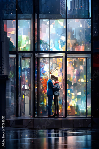 A stunning illustration of a couple kissing in front of vibrant stained mirrors.