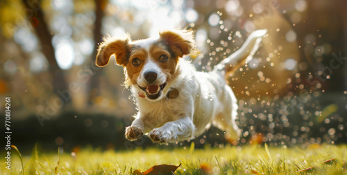 dog runs on green grass lawn 