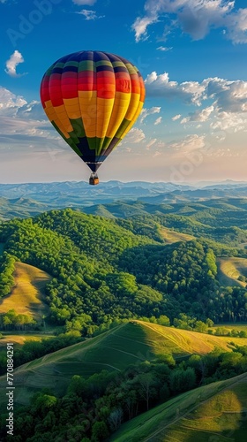 Colorful hot air balloon floating above rolling green hills under a bright sky. © Valentyna