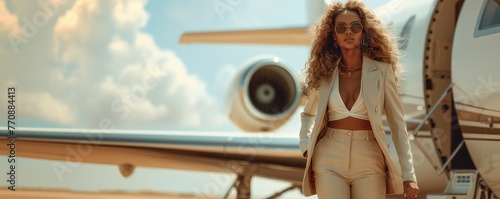 Stylish business lady exiting a private jet. The wind calls her hair and clothes. A vision of success: Businesswoman's confidence shines through. photo