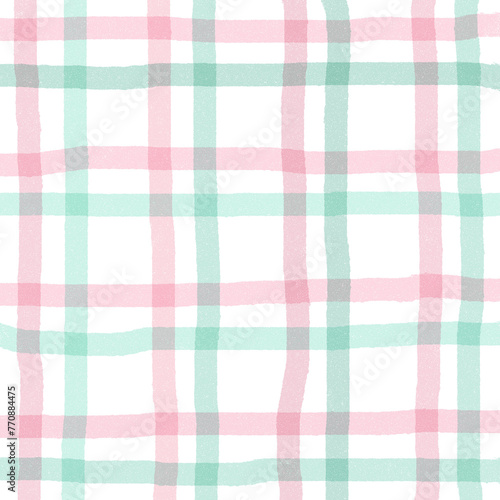 Pink Green Plaid Gingham Check Hand Drawn Background Overlay