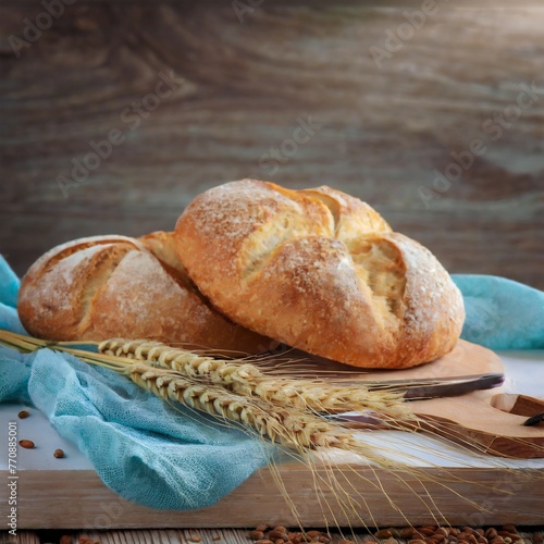 Farmhouse Fare: Aromatic Bread Loaf and Wheat Ears on a Wooden Table