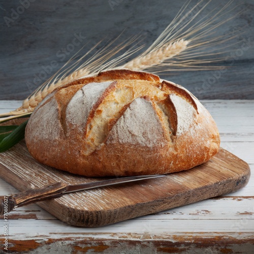 Wholesome Harvest: Freshly Baked Bread and Wheat Set on a Wooden Surface