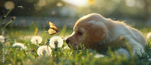 A curious puppy, possibly a Cocker Spaniel or a mix, fixates on a colorful butterfly perched on a fuzzy dandelion seed head.
