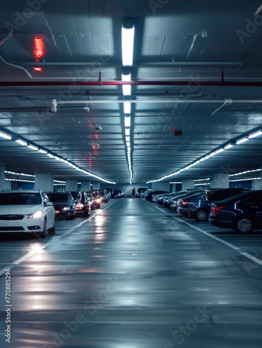 Modern underground parking with parked cars, illuminated by bright LED lights.