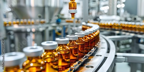 Pharmaceutical production line with vials and bottles being manufactured in a factory setting. Concept Pharmaceutical Manufacturing  Vial Production  Bottle Manufacturing  Factory Setting