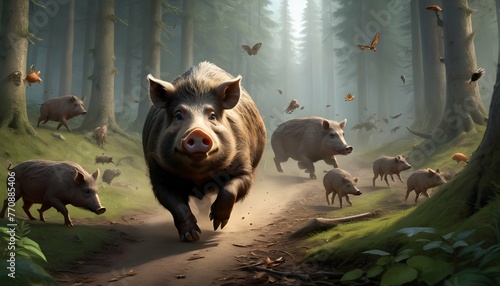 a-boar-with-a-trail-of-forest-creatures-following-