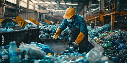 Worker shovels plastic bottles at a recycling factory. Concept Recycling, Plastic Bottles, Worker, Factory, Environmental Sustainability