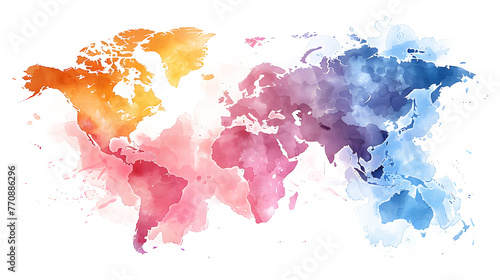 Colorful water color world map on canvas background