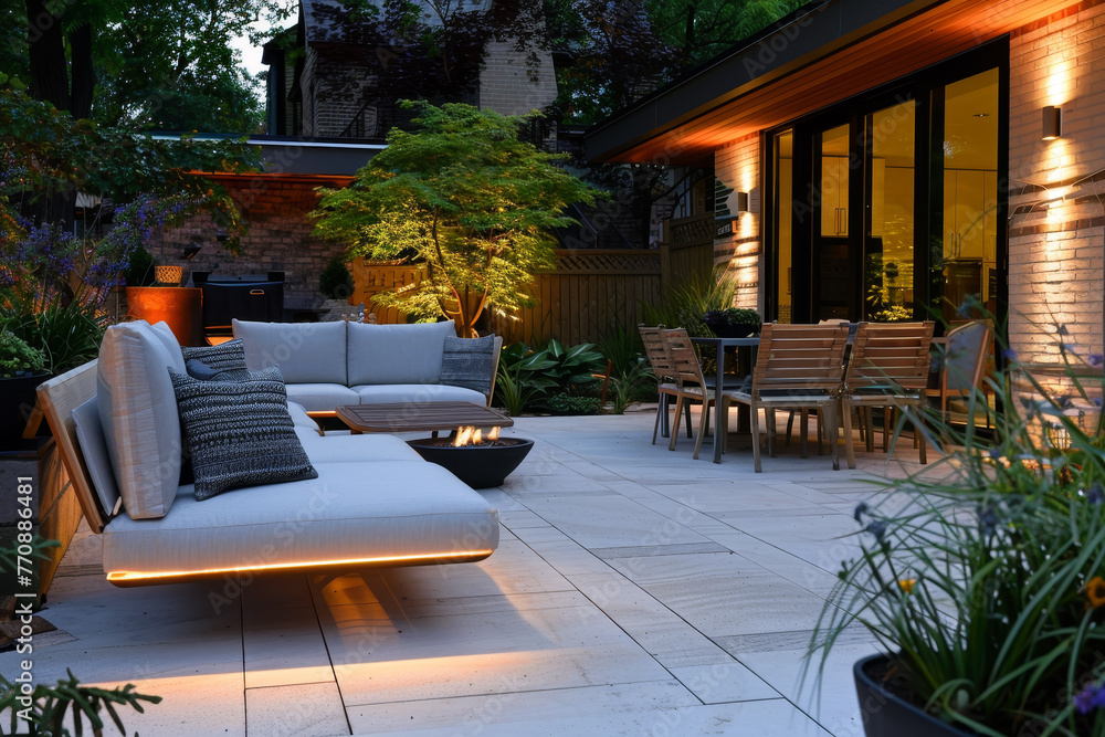 Fototapeta premium A patio with a fire pit and a dining table with chairs