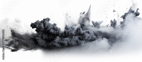 A dramatic scene of billowing smoke rising from the earth against a white background. A unique natural landscape event resembling a cloud on the ground