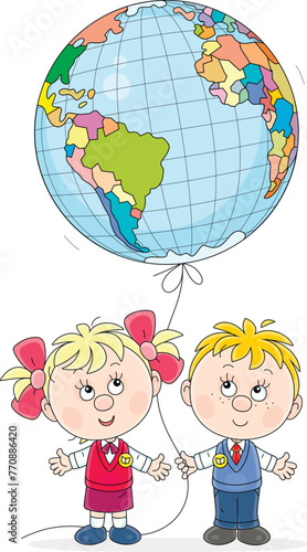 Funny little schoolboy and schoolgirl with a big balloon globe at a geography lesson in elementary school, vector cartoon illustration on a white background