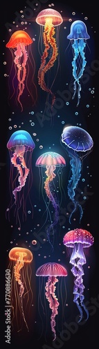 Adorable and colorful jellyfish set, alongside friendly krakens, exploring ocean depths in vector form , high resolution DSLR, 8K, high detailed, super detailed , ultra HD, 8K resolution , up32K HD