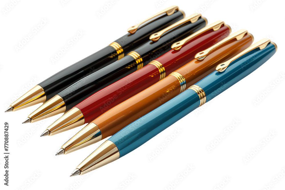 Colorful pens in a rainbow of colors splay across a white desk, ready for drawing and design