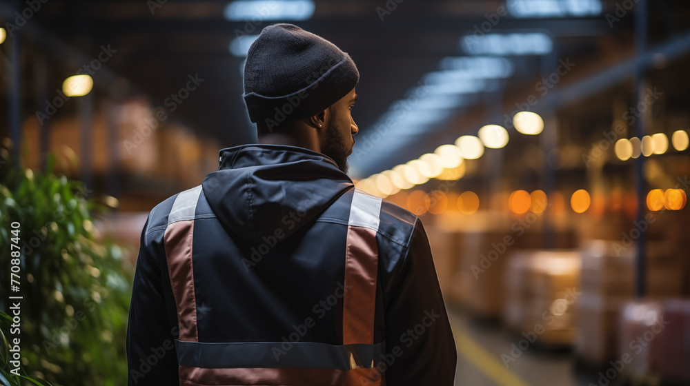 Fototapeta premium A young African American warehouse worker wearing a beanie looks out at the rows of shelves in the warehouse