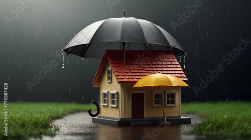 Concept\ of home insurance House covered with umbrella .Generative AI