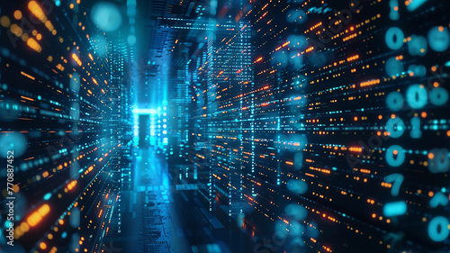 Shot of Corridor in Working Data Center Full of Rack Servers and Supercomputers with High Internet Visualisation Projection