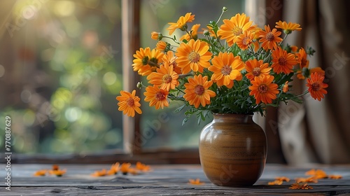 Yellow plant vase décor with orange flowers in a close-up, natural beauty. Generative Ai