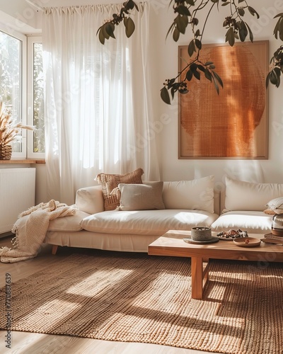 An interior of an open plan living room with white sofa, wooden coffee table and window with sheer curtains, featuring earthy tones, natural light, and a warm color palette