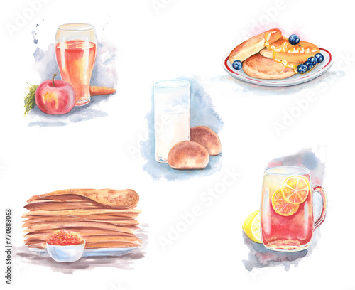 A set of pictures with food, a sketch, an illustration drawn in watercolors on paper
