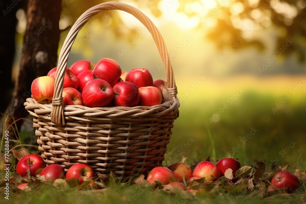 Basket with apples on the grass in the autumn Basket with apples on the grass in the autumn