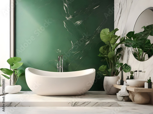 Stylish and creative minimalistic small bathroom interior design with marble walls with green panels  plants and beautiful bathroom accessories. Minimalistic home concept..