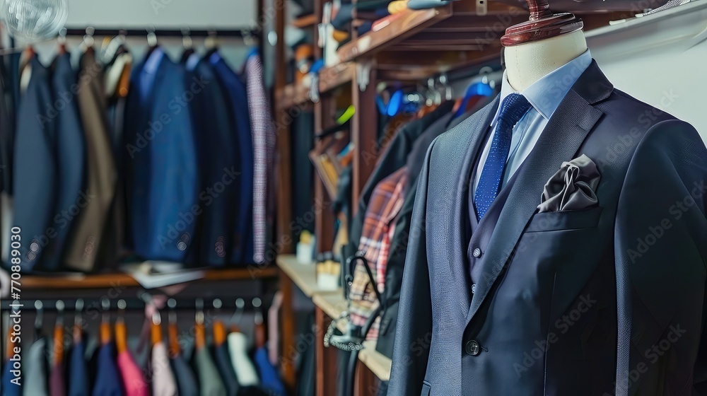 A new stylish suit on a mannequin awaits its customer in the atelier workshop. A modern twist on tradition, this fashion-forward suit is a must-have for trendsetters.