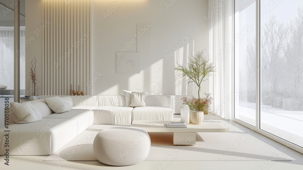 Bright and airy living area with textured fabrics and natural elements, offering a relaxed and sophisticated environment Bright and airy living area with textured fabrics and natural elements, offering a relaxed and sophisticated environment