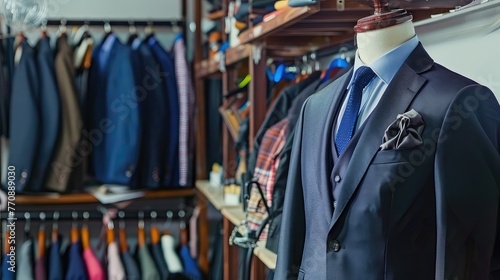A new stylish suit on a mannequin awaits its customer in the atelier workshop. A modern twist on tradition, this fashion-forward suit is a must-have for trendsetters.