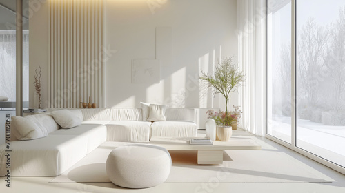Bright and airy living area with textured fabrics and natural elements, offering a relaxed and sophisticated environment