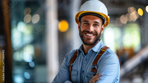 smiling construction worker with white helmet