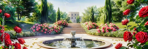 Royal Garden Splendor: A Grand Park with a Fountain, Evoking the Elegance and History of European Landscaped Gardens