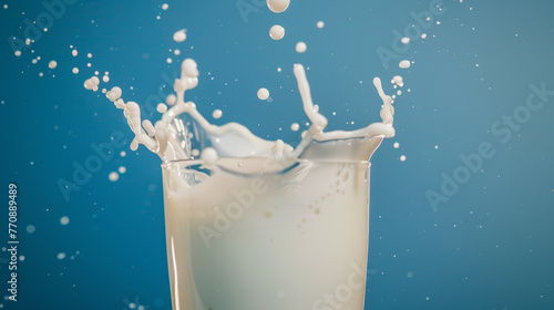 A glass of milk with a splash and droplets suspended in the air.