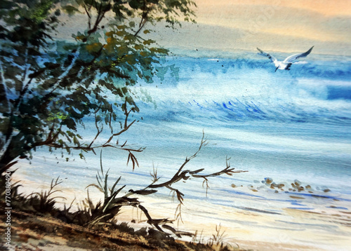 professional artist masterpieces painting hand drawn watercolor acrylic painting wave sea beach breeze windy seashore poster color from phuket thailand academy of art gallery artworks exhibited