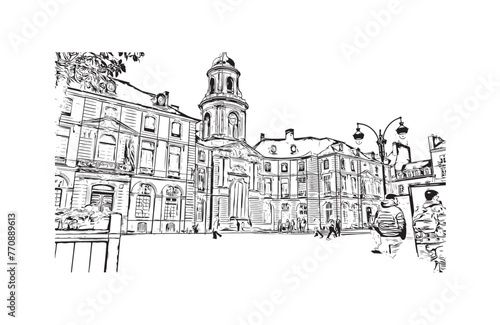 Print Building view with landmark of Rennes is the City in France. Hand drawn sketch illustration in vector.