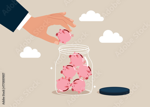 Collect piggy banks pigs into Huge Glass Jar. Collecting Money in Account, Open Bank Deposit. Family Finance Budget Economy Concept. Flat vector illustration