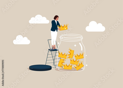 Businesswoman Collect crown into Huge Glass Jar. Vector illustration concept.