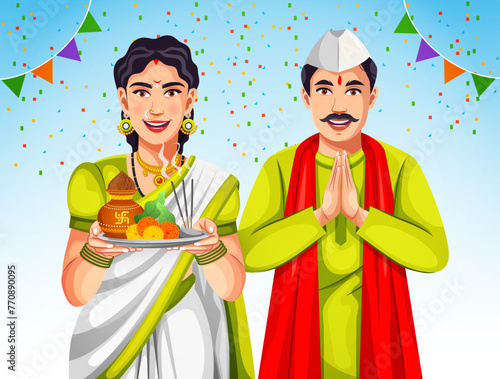 Indian women wearing traditional attire carrying puja thali in hand performing Gudi Padwa or Ugadi puja. A man standing in a greeting pose Namaste hands. Useful for Hindu occasions and festivals