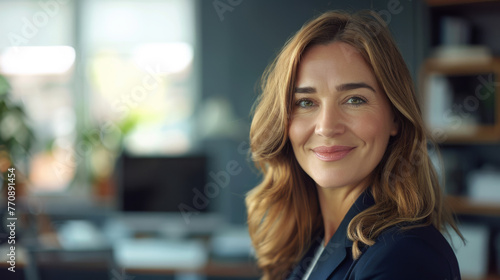 A smiling woman in a black blazer rests in a brightly lit office environment.