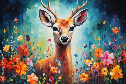 Deer in colorful flowers