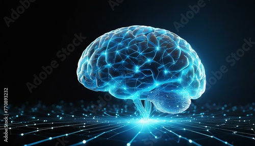 Abstract brain hologram. copy space. Artificial Intelligence, neuronets. futuristic hologram of brain on black background and glowing blue. Digital Brain big Data