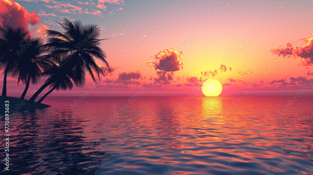 tropical paradise sunset with palm trees and calm sea