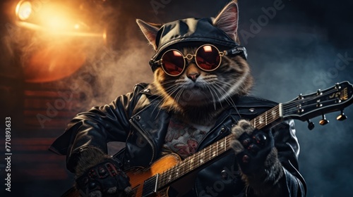 Portrait of a gray cat-musician in glasses and a leather jacket and leather cap