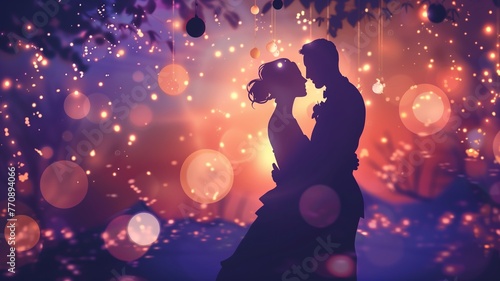 Romantic, lovely affectionate couple embracing and dancing a slow dance at a ball or prom, blurred sparkle bokeh background.