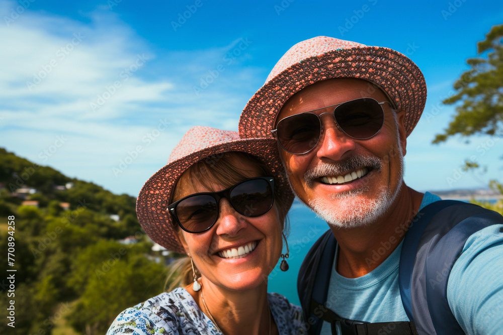 Mature couple on vacation, traveling, man and woman taking a selfie against the background of the sea, close-up portrait
