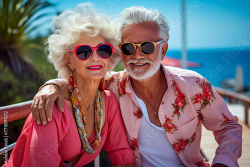 An elderly modern couple on vacation, a man hugs a beautiful woman by the shoulders close-up against the background of the sea, portrait