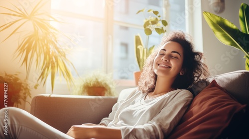 Smiling female enjoying her day off while lounging on the couch at home; healthy lifestyle; positive energy from others; and fresh idea for a home .