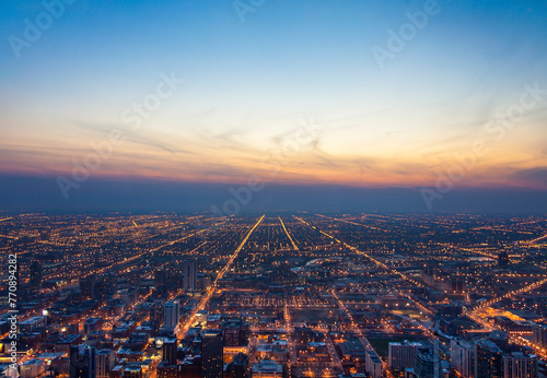 Downtown Chicago at dusk from on high photo