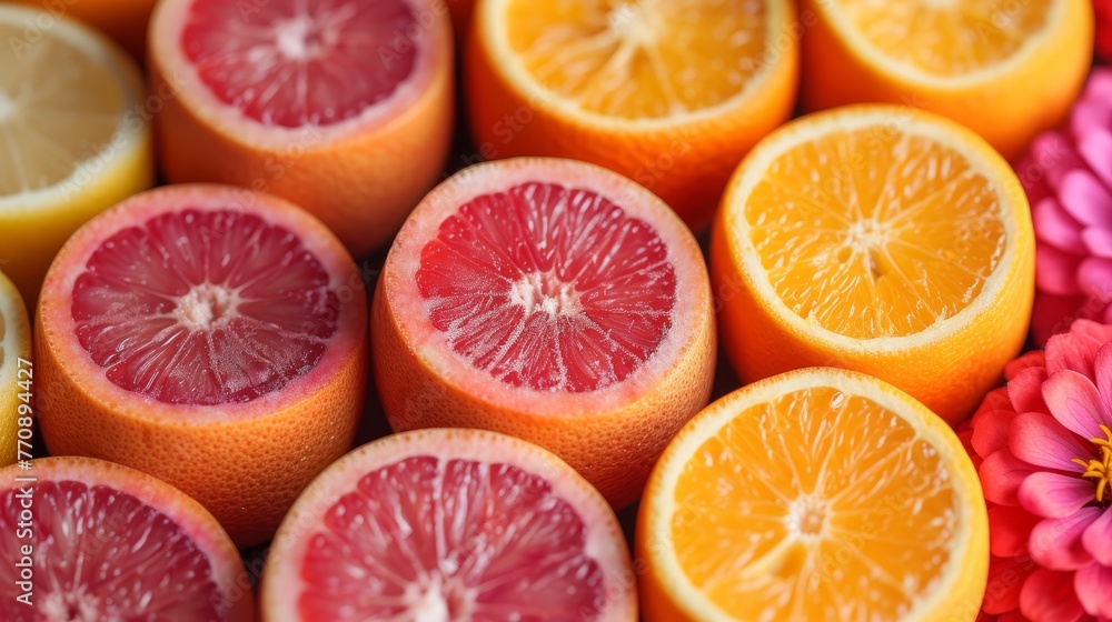 A table holds an assortment of oranges and grapefruits, accompanied by a solitary flower A table holds an assortment of oranges and grapefruits, accompanied by a solitary flower